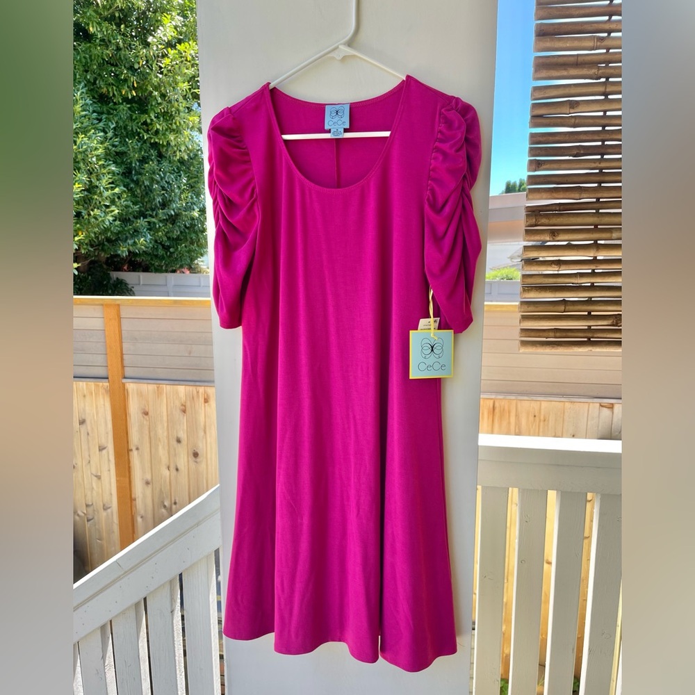 Nordstrom NWT, CeCe Magenta A-Line Dress Sz M(10-12) Ruched Sleeves, Flowy